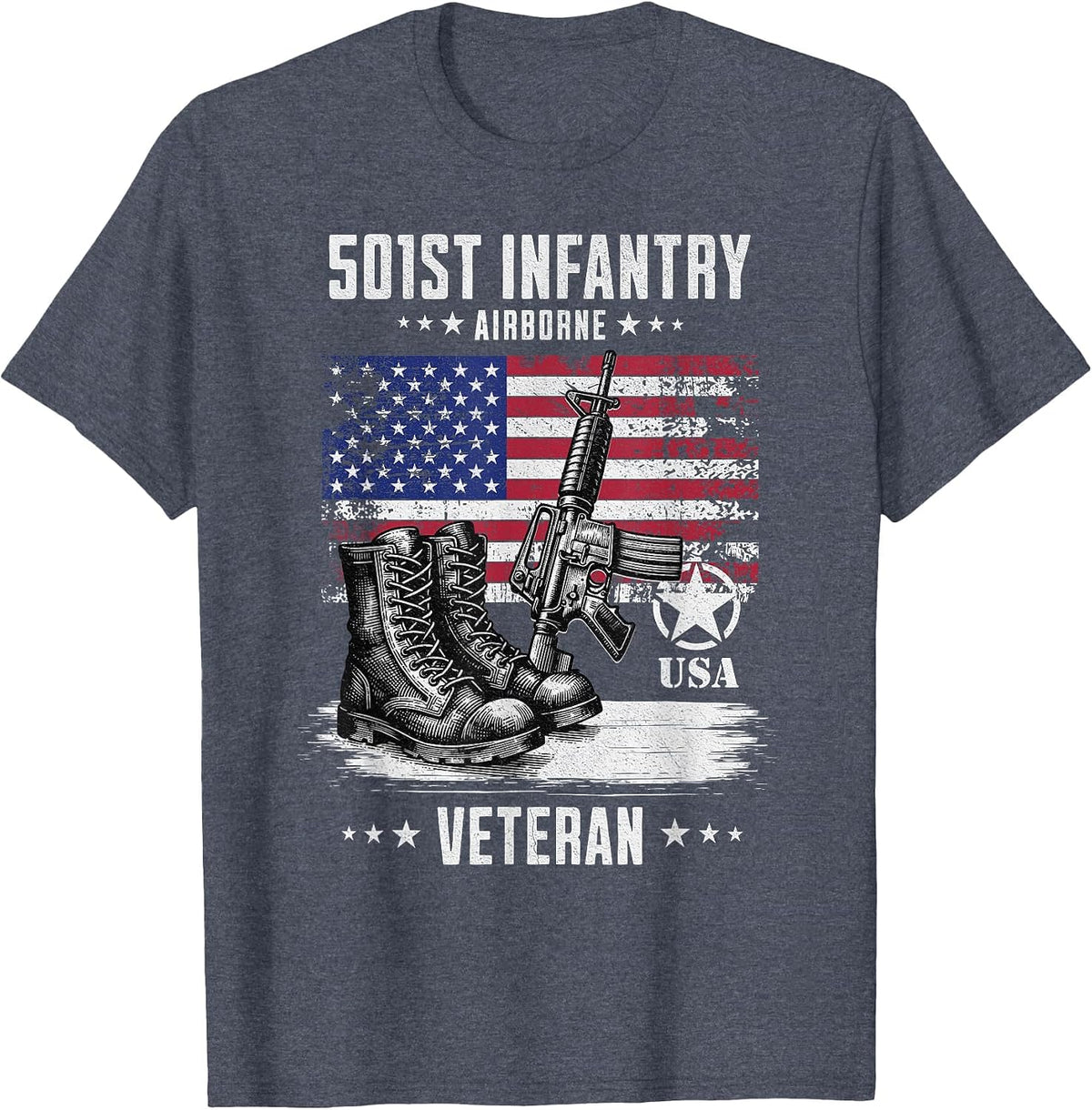 501st Infantry 82nd Airborne Military Veteran Distressed T-Shirt - Heather Blue