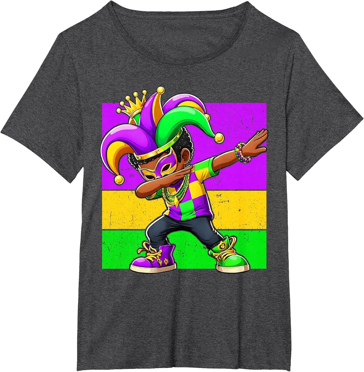 Mardi Gras Funny Dabbing Black Boy Jester Hat Kid T-Shirt - Dark Heather Grey