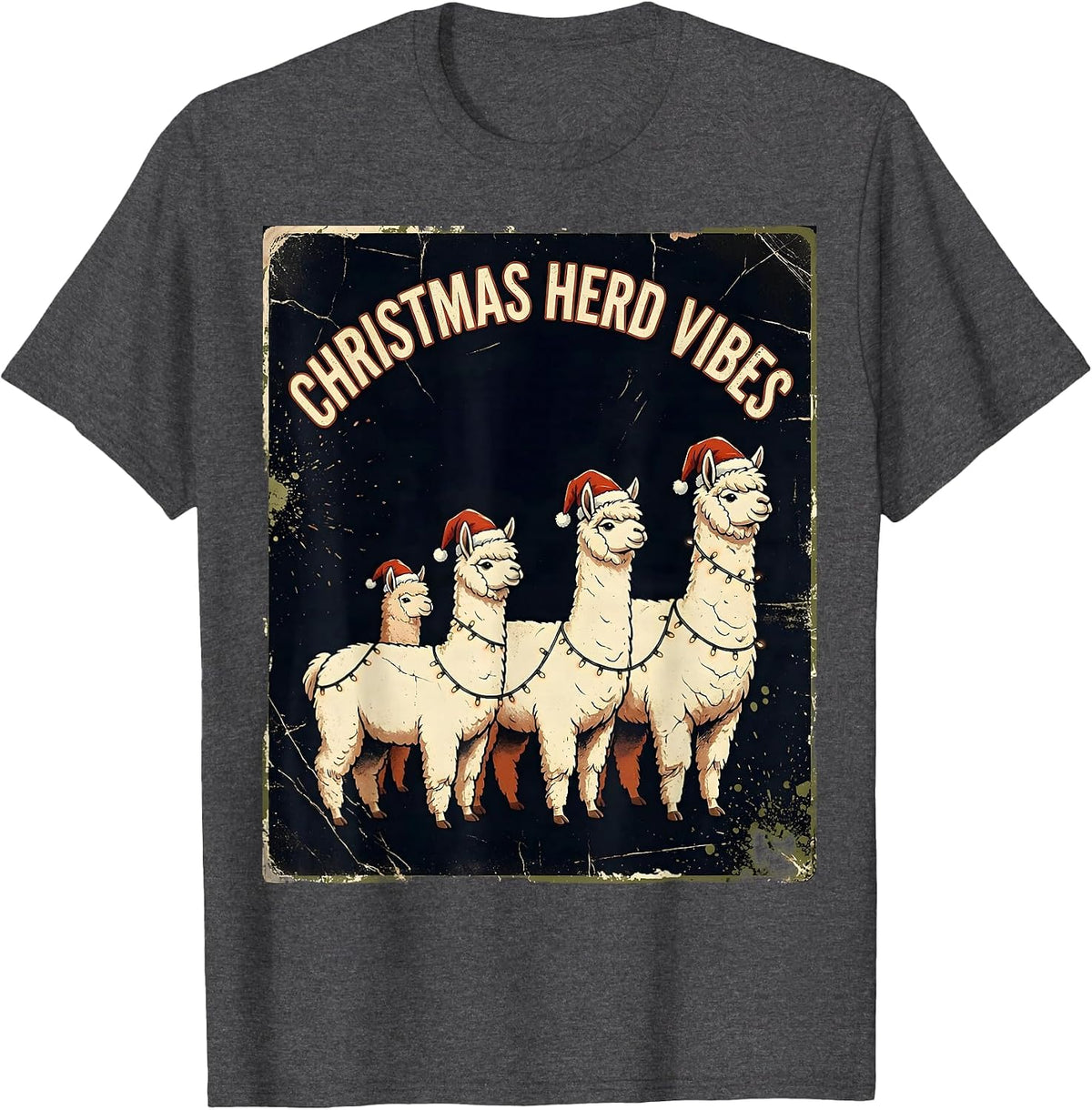 Men's Christmas Herd Vibes Distressed Funny Llama Lover Christmas T-Shirt - Dark Heather Grey