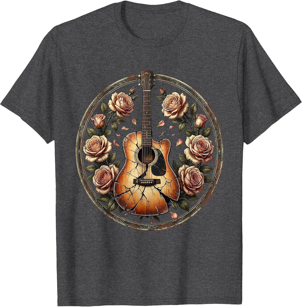 Men's Broken Guitar Floral Band Music Graphic T-Shirt - Dark Heather Grey