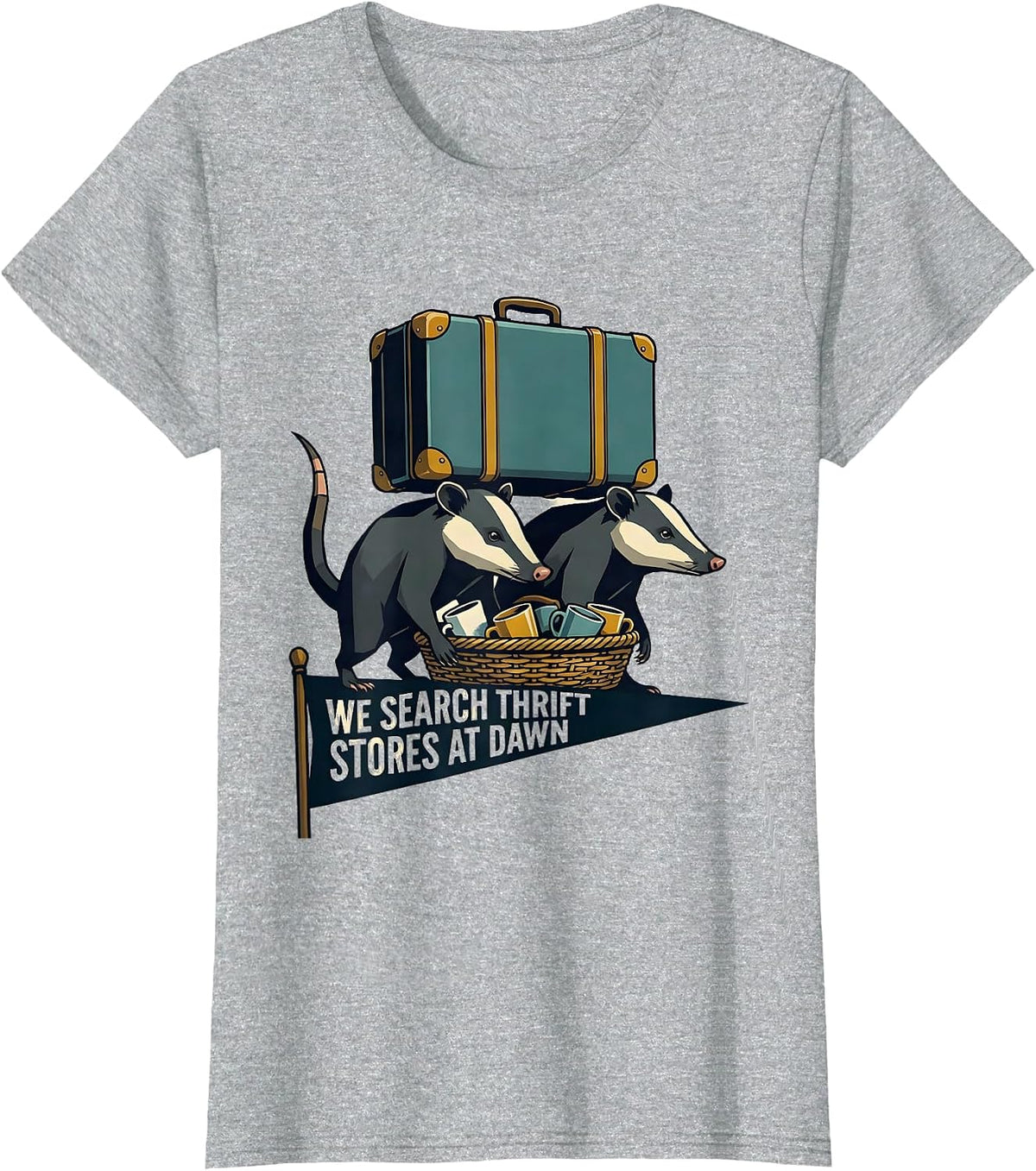We Search Thrift Stores At Dawn Midcentury Modern Opossum T-Shirt - Heather Grey
