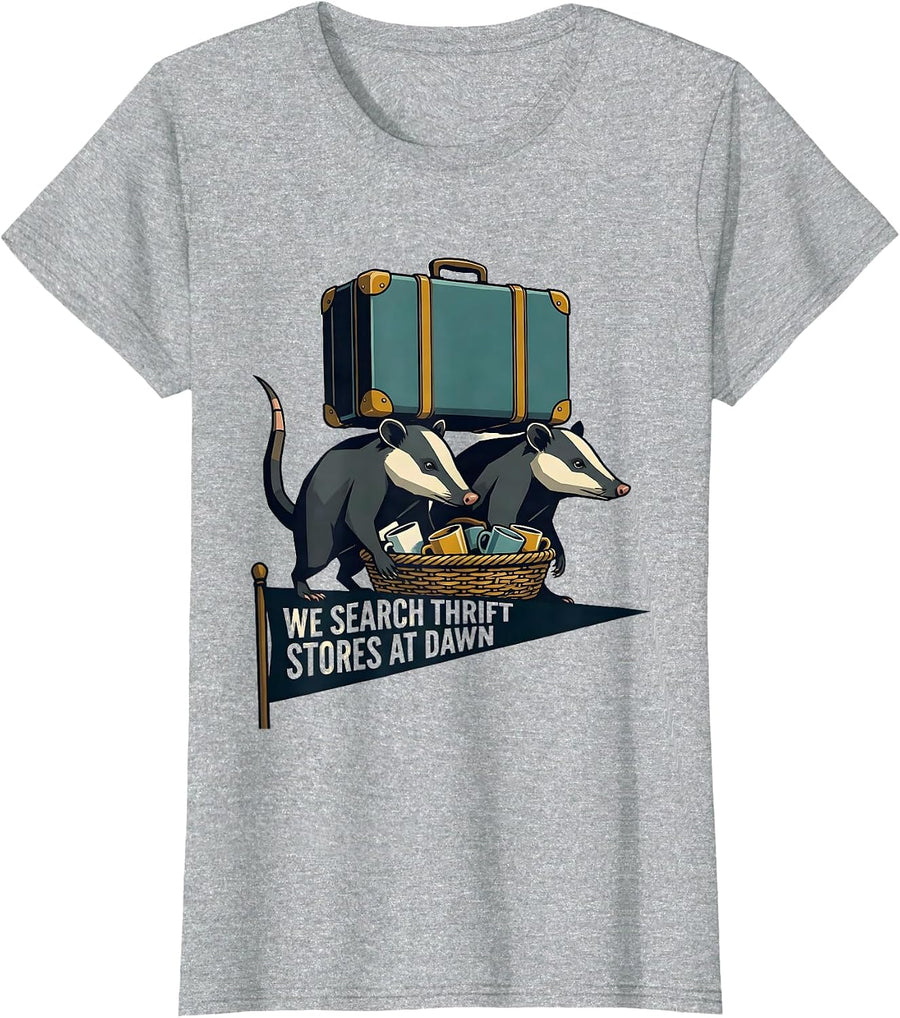 We Search Thrift Stores At Dawn Midcentury Modern Opossum T-Shirt - Heather Grey