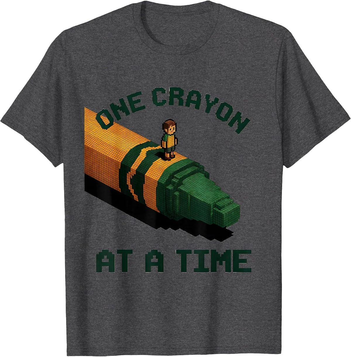 One Crayon At A Time Pixel Art Teacher Back To School T-Shirt - Dark Heather Grey