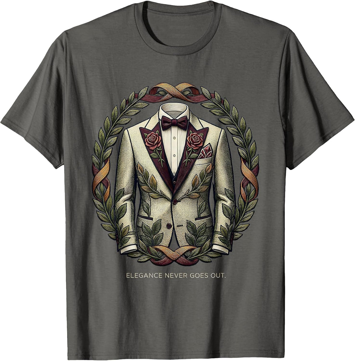 Elegance Never Goes Out Tuxedo Graphic Design T-Shirt - Asphalt Grey