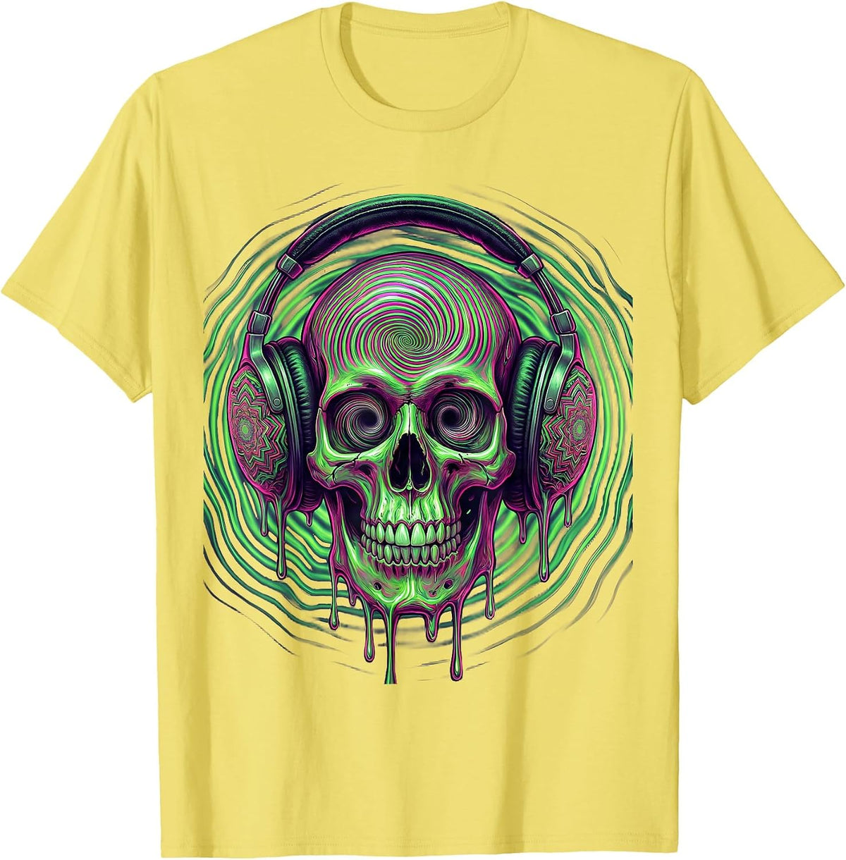 Men's Skull With Oversized Vintage Headphones Graphic T-Shirt - Lemon Yellow