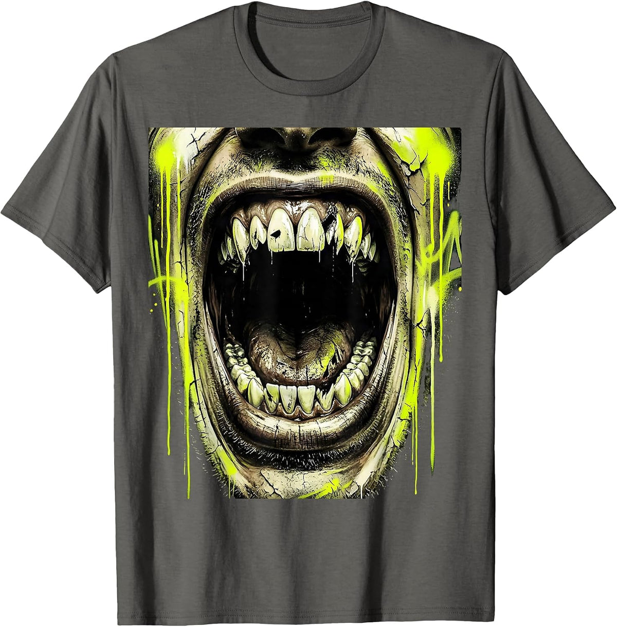 Men's Grunge Screaming Mouth Rotted Teeth Illustration T-Shirt - Asphalt Grey
