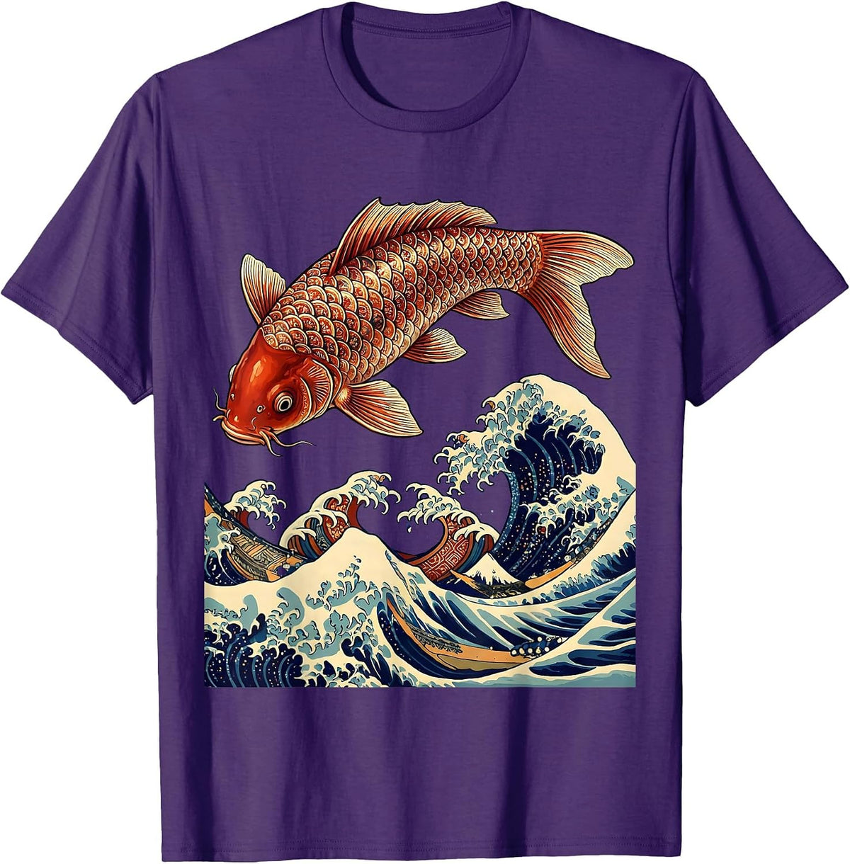 Men's Koi Fish Leaping Wave Japanese Art Design T-Shirt - Purple