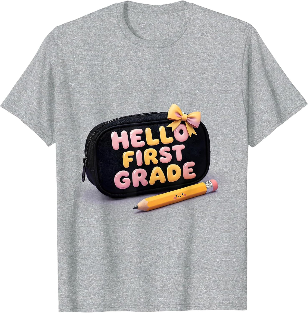 Men's Hello First Grade Cute Kawaii Bow Back To School Pencil T-Shirt - Heather Grey