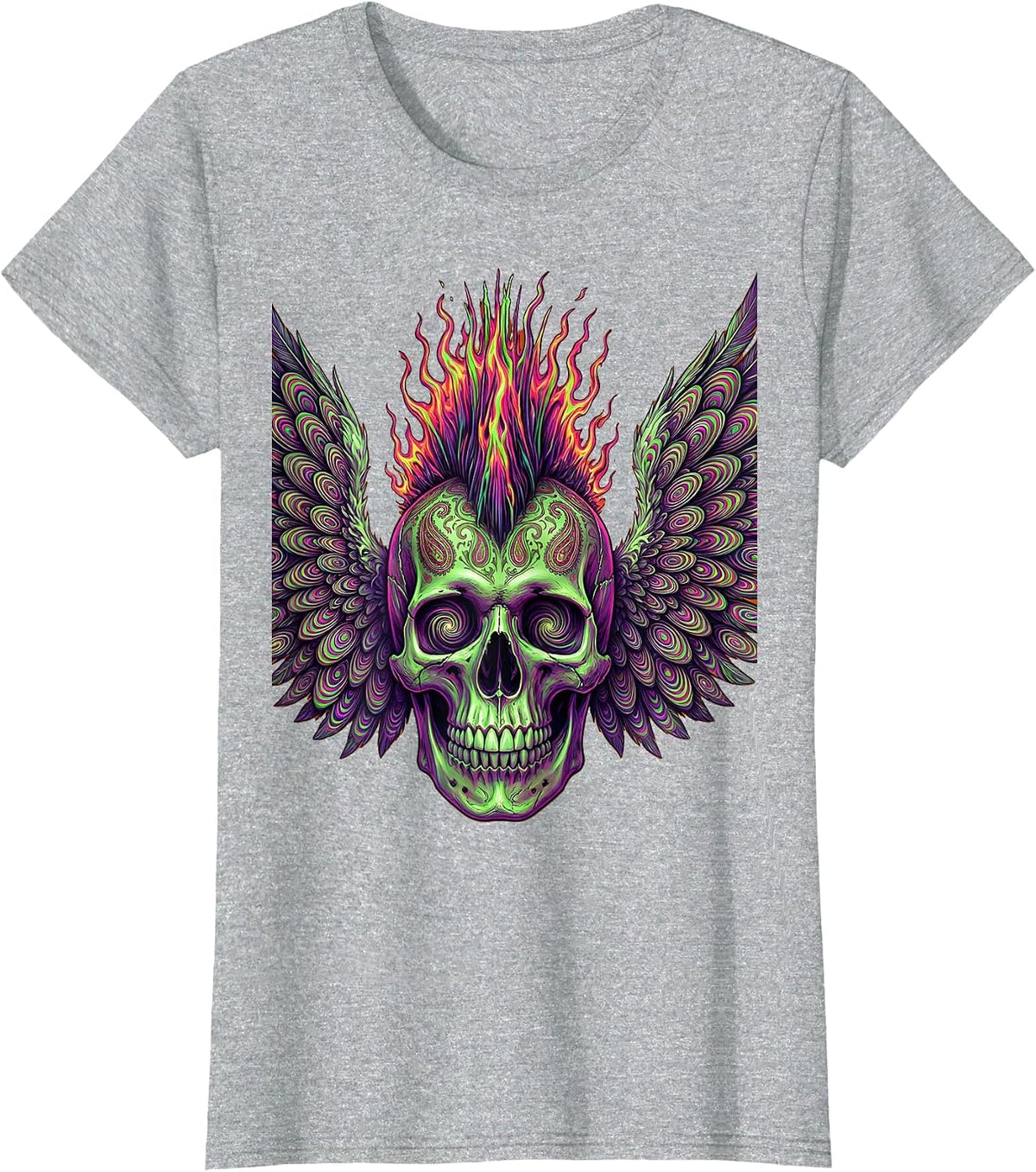 Winged Skull Mohawk Rock and Roll Graphic T-Shirt - Heather Grey