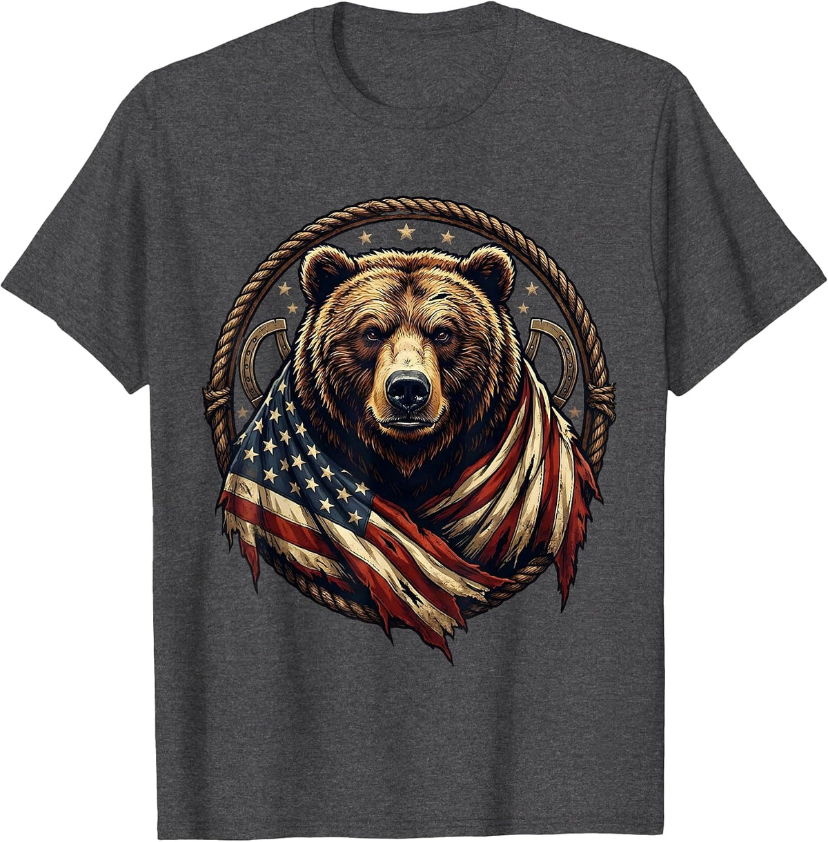 Patriotic Grizzly Bear American Flag Illustration T-Shirt - Dark Heather Grey