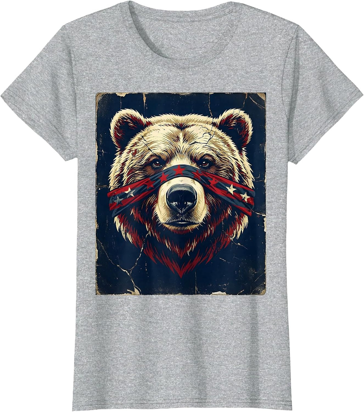 Women's Patriotic Bear Stars and Stripes Bandana Design T-Shirt - Heather Grey