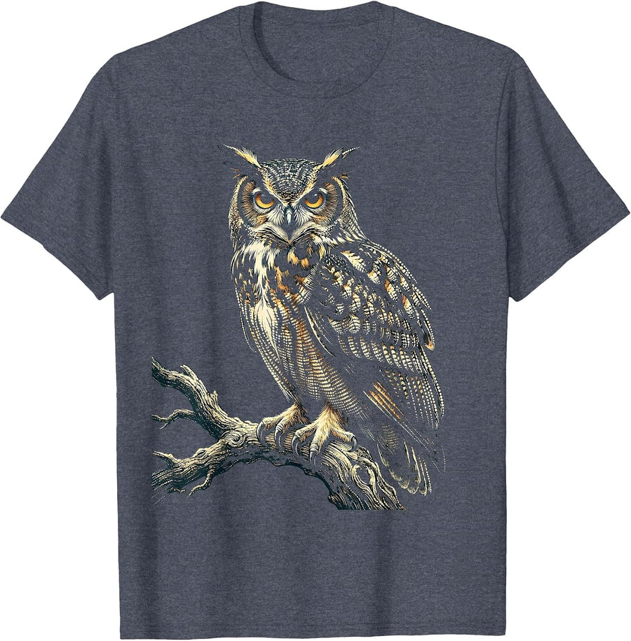 Speckled Owl Perched Illustration Graphic Tee T-Shirt - Heather Blue