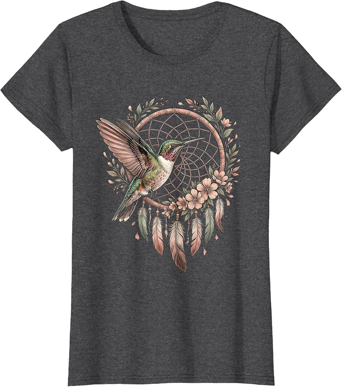Women's Hummingbird Floral Dreamcatcher Boho Summer Design T-Shirt - Dark Heather Grey