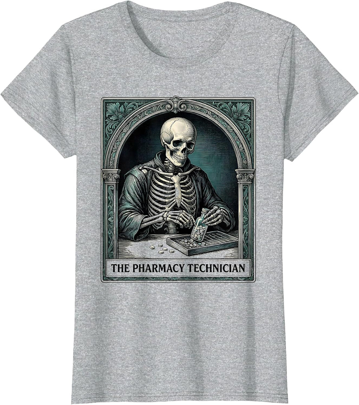 Women's The Pharmacy Technician Skeleton Tarot Card Halloween Humor T-Shirt - Heather Grey