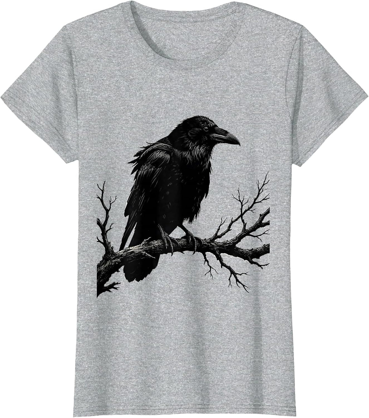 Hooded Crow on Winter Branch Nature Illustration T-Shirt - Heather Grey