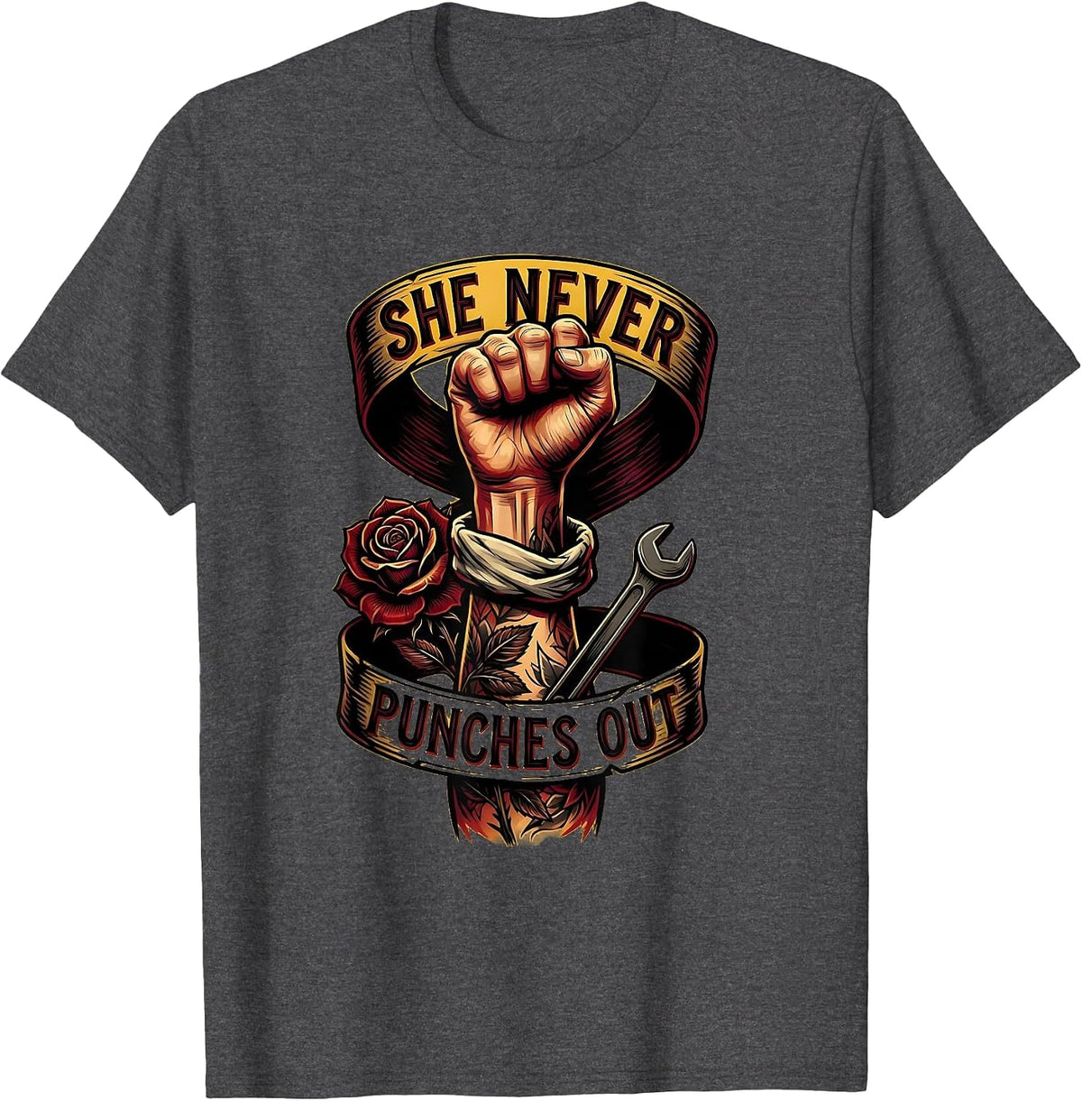 She Never Punches Out Labor Day Tribute Design T-Shirt - Dark Heather Grey