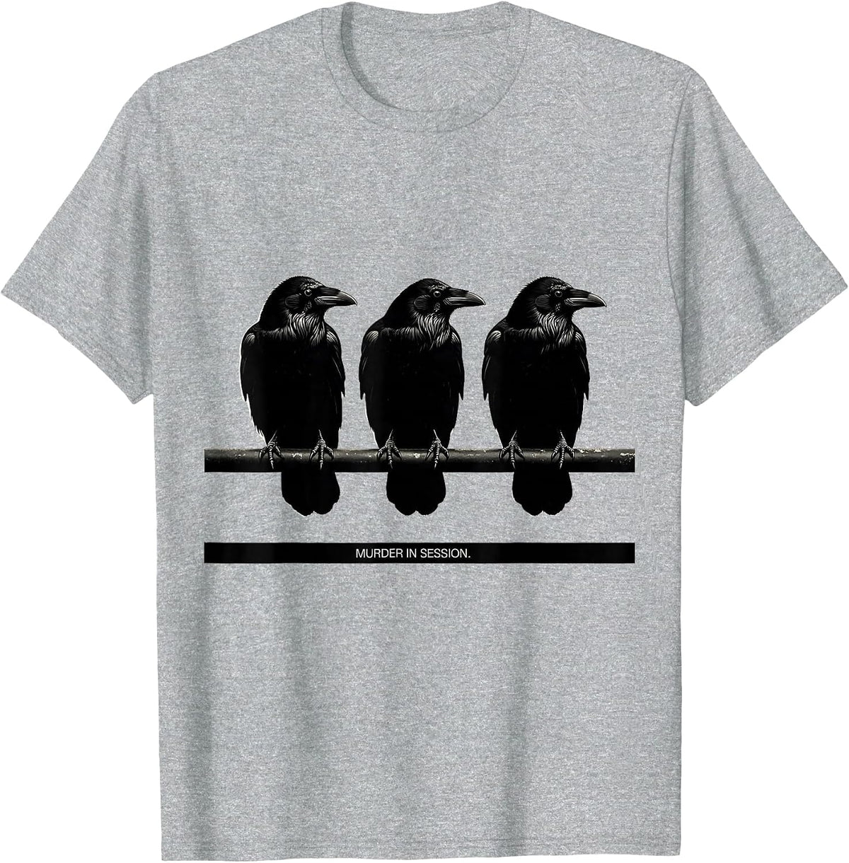 Men's MURDER IN SESSION Silhouette Dark Humor Crow Lover Gothic T-Shirt - Heather Grey