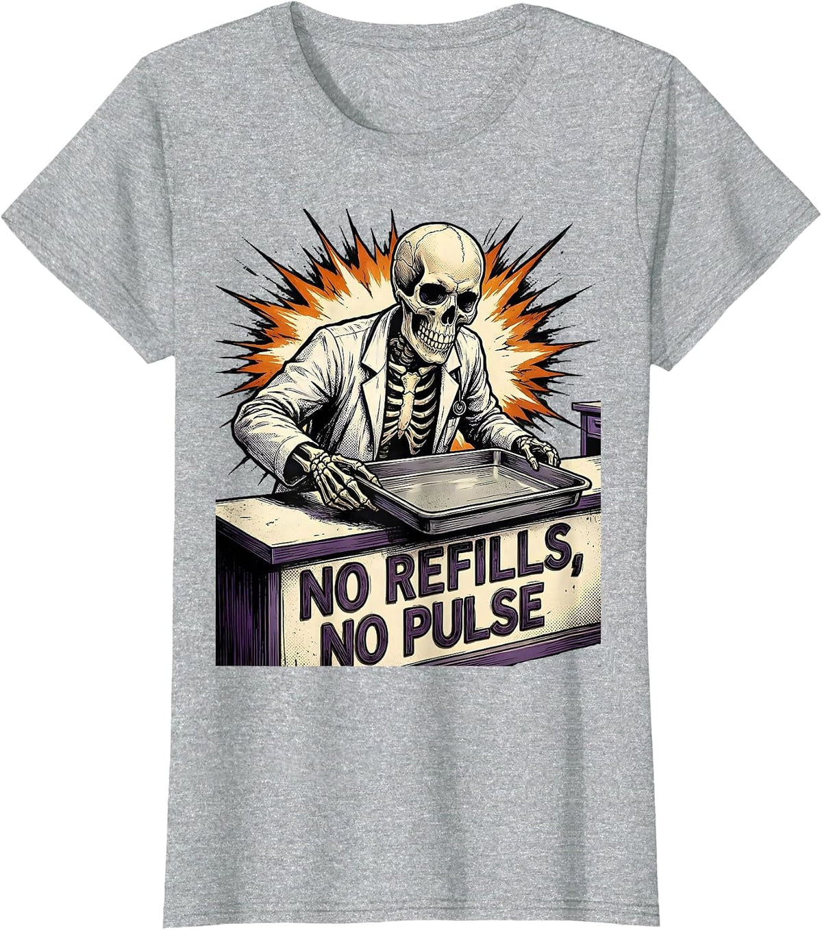 No Refills, No Pulse Comic Book Halloween Pharmacy T-Shirt - Heather Grey