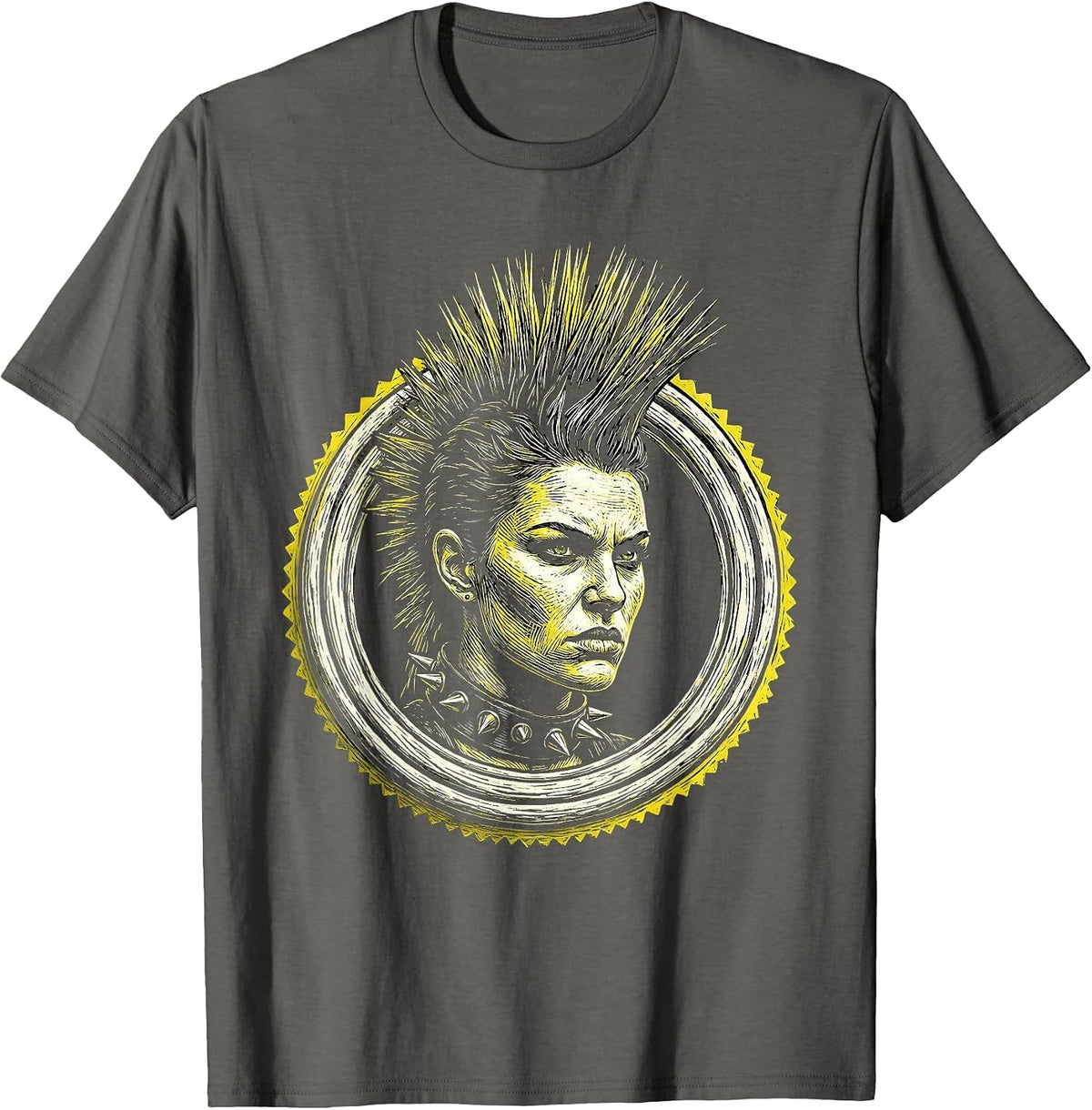 Rockstar Mohawk Studded Collar Punk Art Design T-Shirt - Asphalt Grey