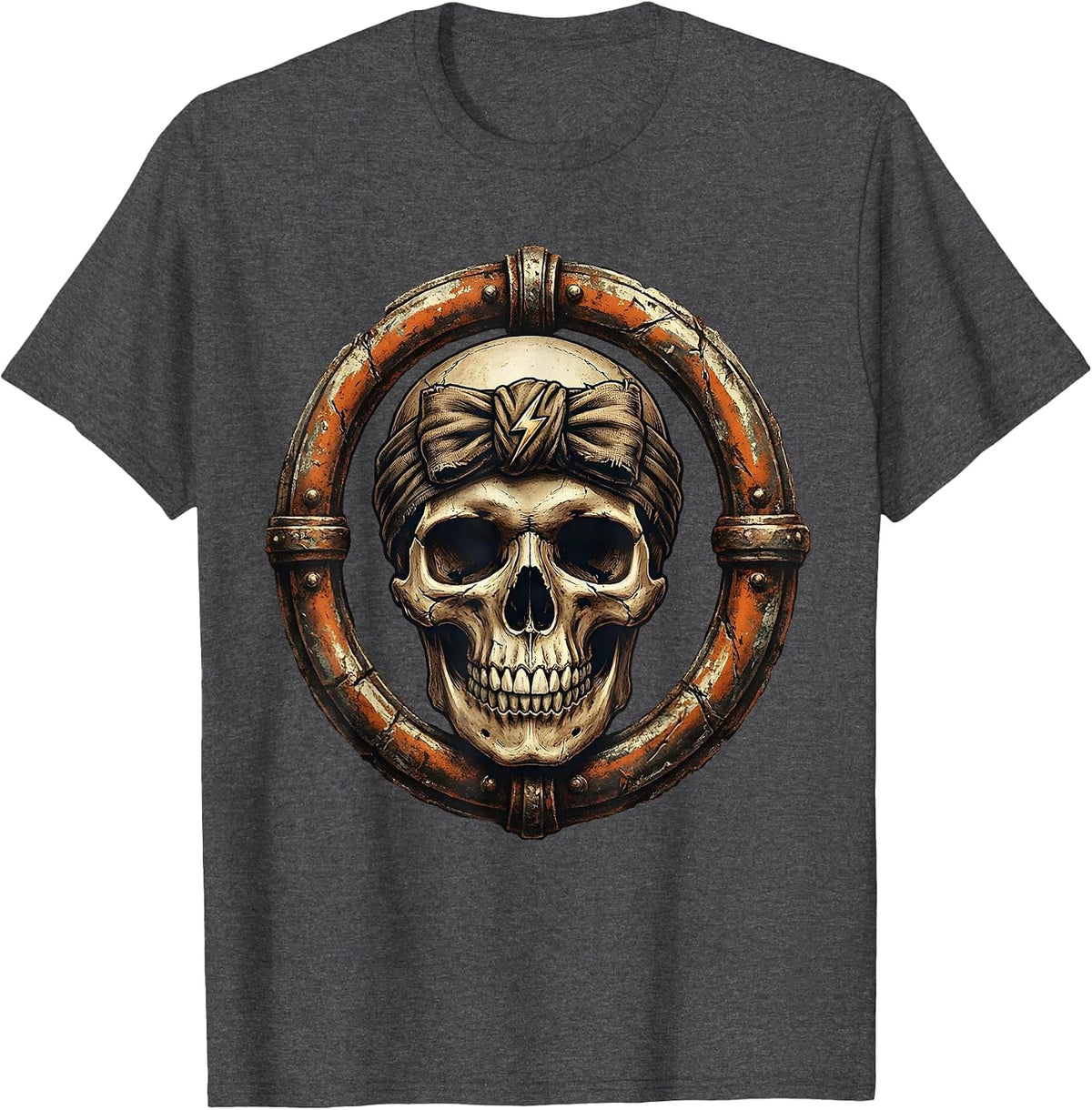 Rock Skull Vintage Headband Graphic Tee T-Shirt - Dark Heather Grey