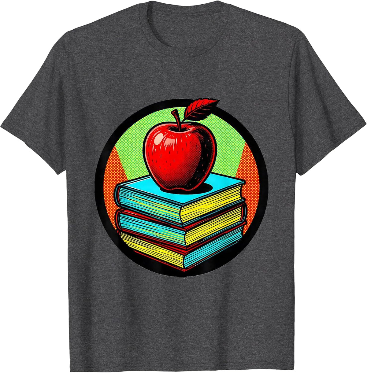 Art Teacher Apple Stack of Books Illustration T-Shirt - Dark Heather Grey