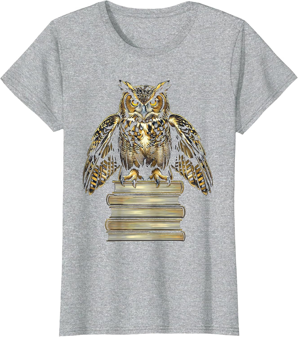 Vintage Librarian Owl Perched on Book Stack T-Shirt - Heather Grey