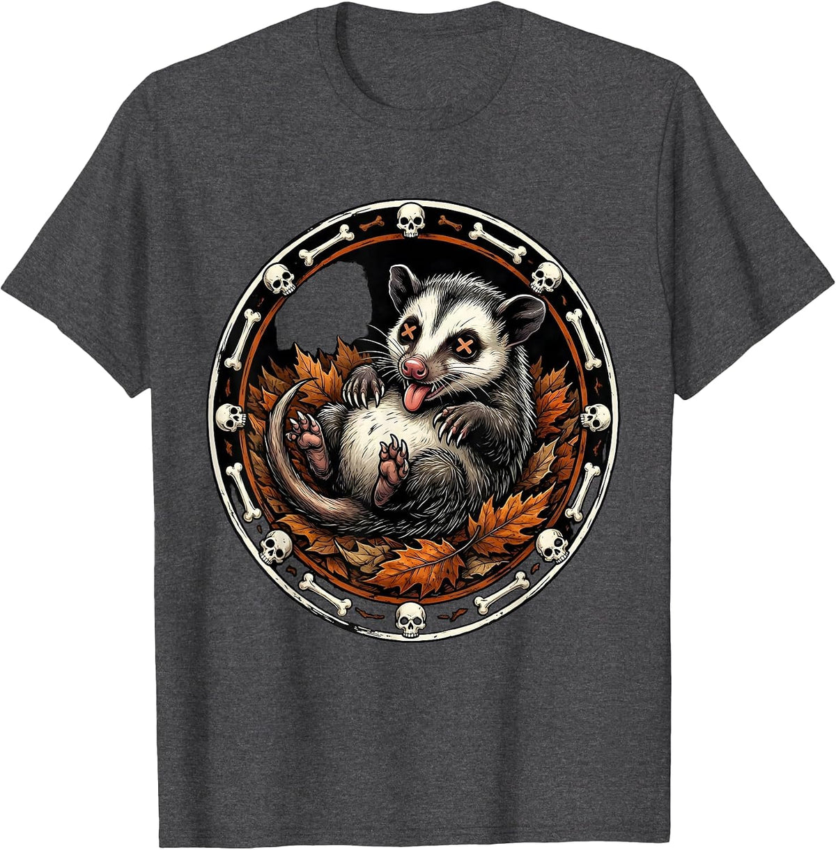 Opossum Playing Dead Among Fallen Leaves T-Shirt - Dark Heather Grey