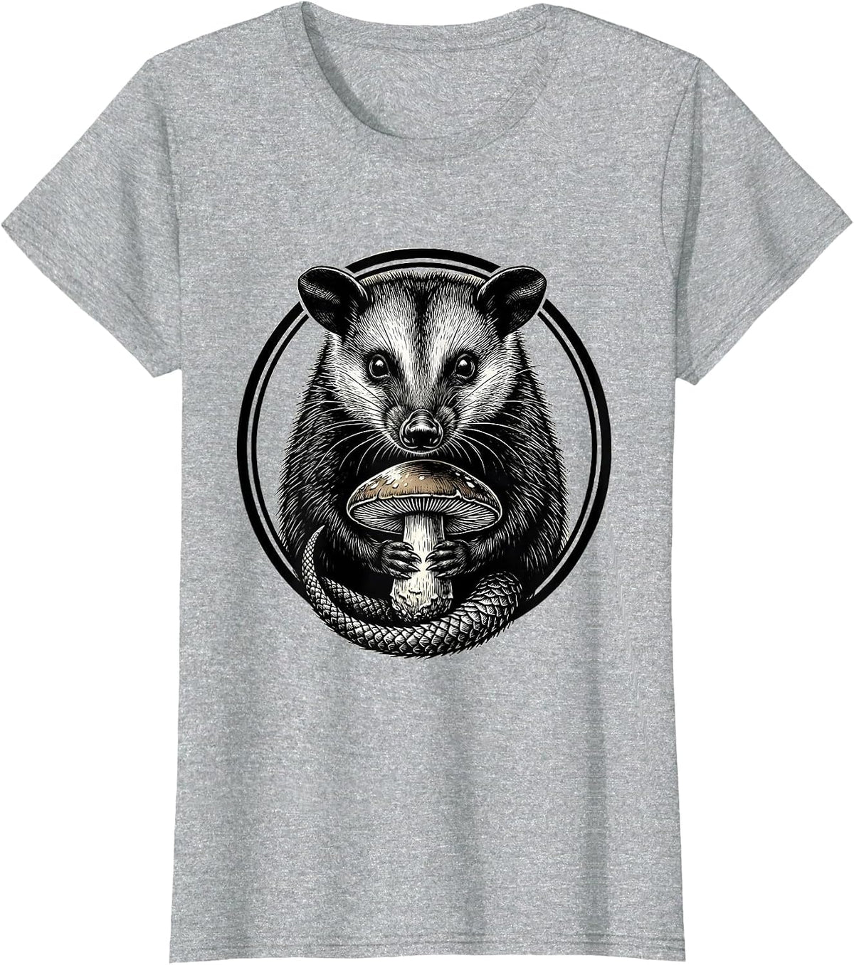 Women's Opossum Holding Mushroom Cute Wildlife Art T-Shirt - Heather Grey