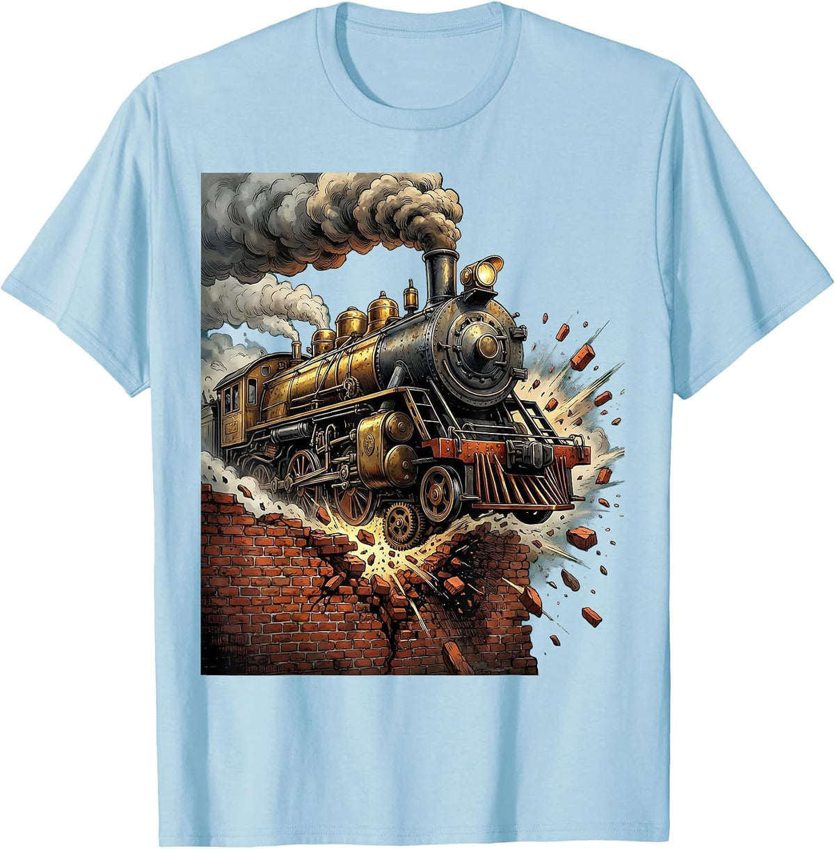 Men's Steampunk Locomotive Bursting Through Brick Wall T-Shirt - Baby Blue