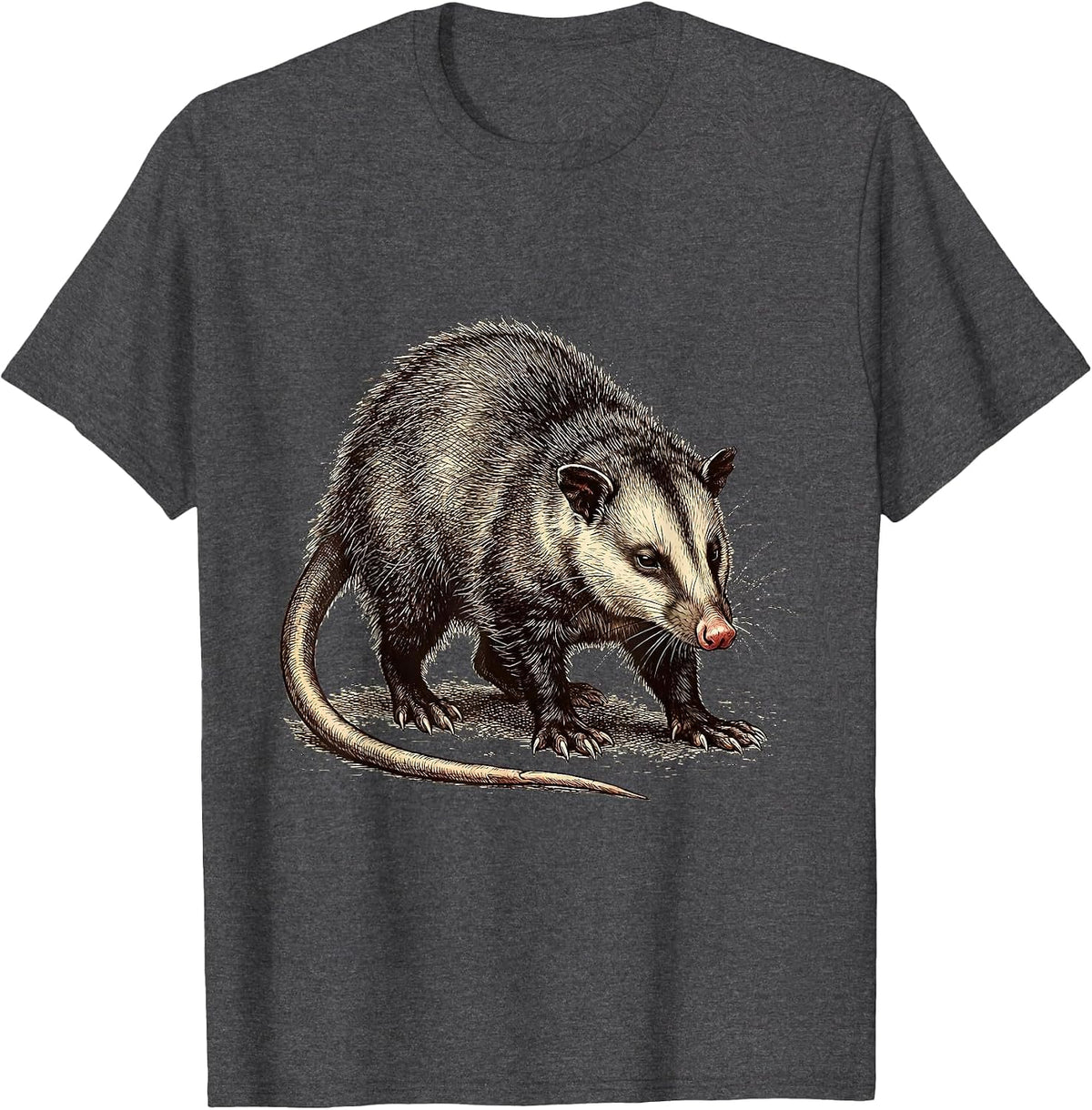 Men's Stubborn Opossum Crosshatch Etching Animal Meme Humor T-Shirt - Dark Heather Grey