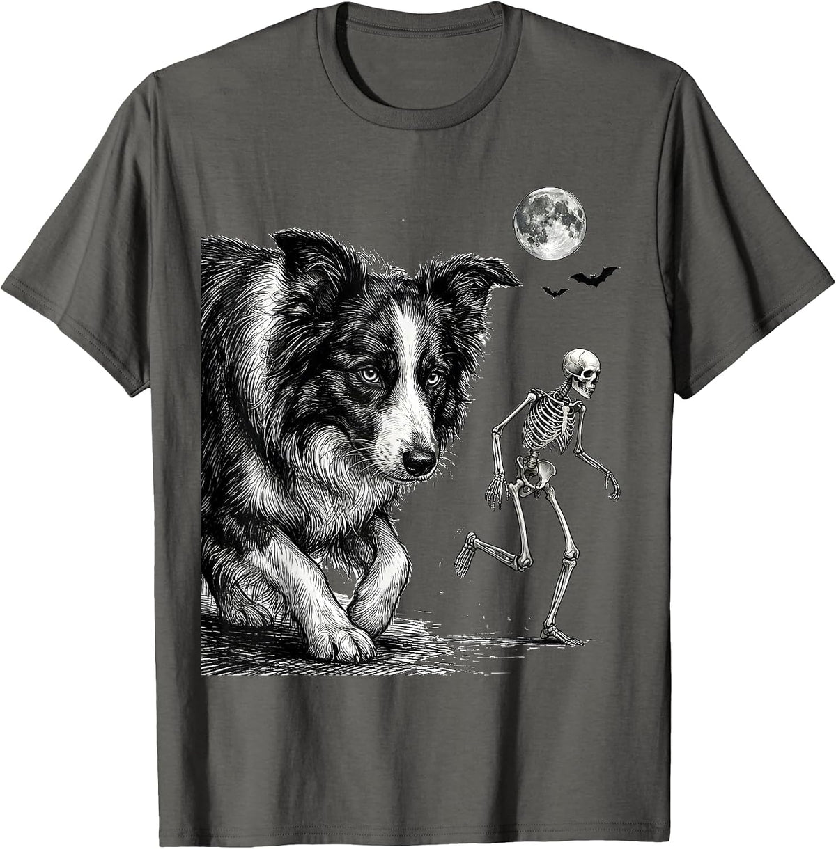 Men's Border Collie Skeleton Chase Funny Dog Mom Halloween T-Shirt - Asphalt Grey