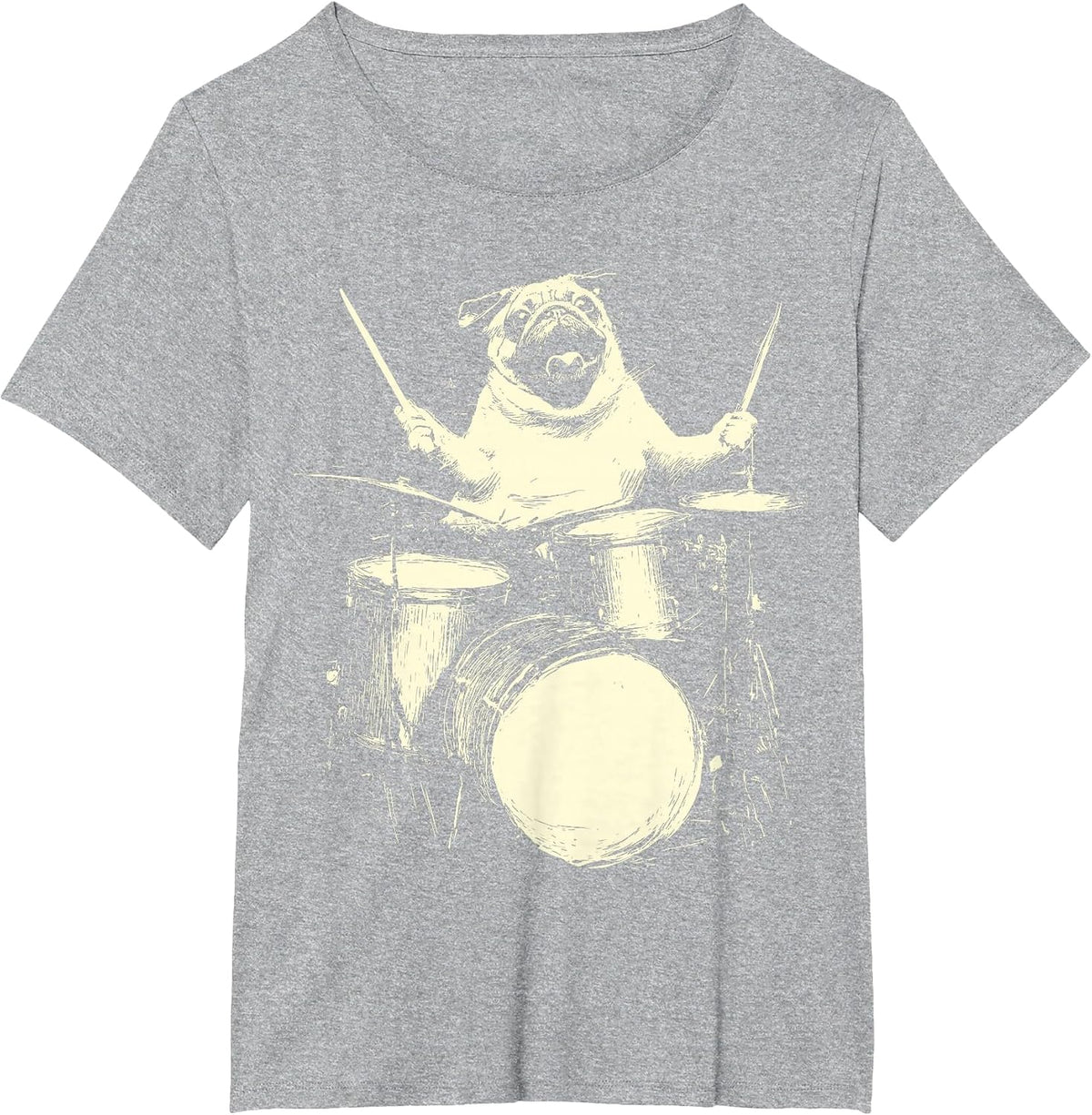 Cute Pug Playing Drums Funny Music Dog Drummer Graphic T-Shirt - Heather Grey