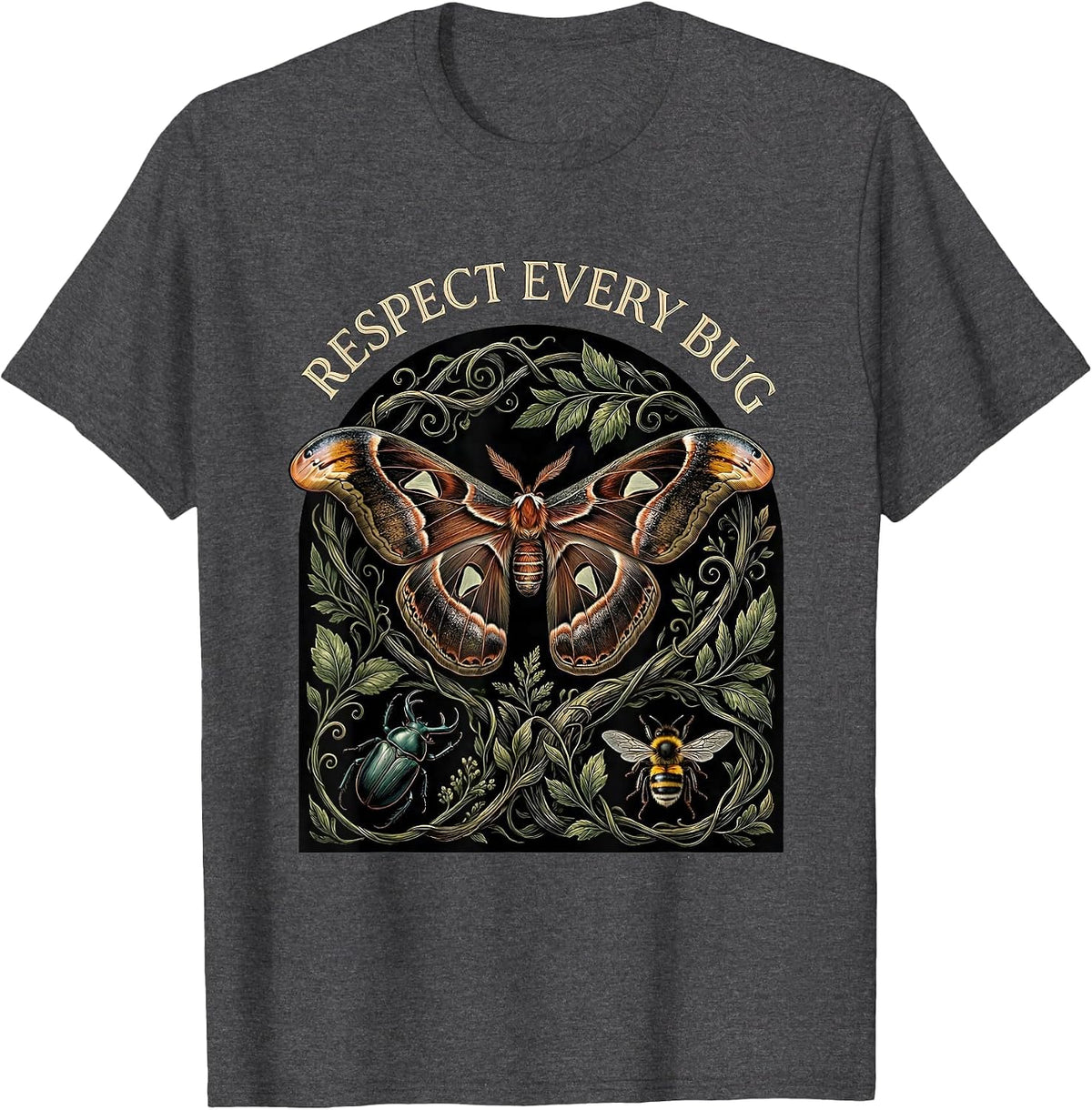 Respect Every Bug Whimsical Entomology Bug Collector Nature T-Shirt - Dark Heather Grey