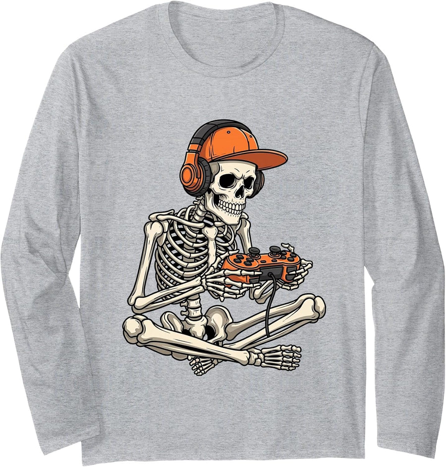 Halloween Skeleton Playing Video Games Gaming Men Boys Kids Long Sleeve T-Shirt - Adult Unisex Heather Grey