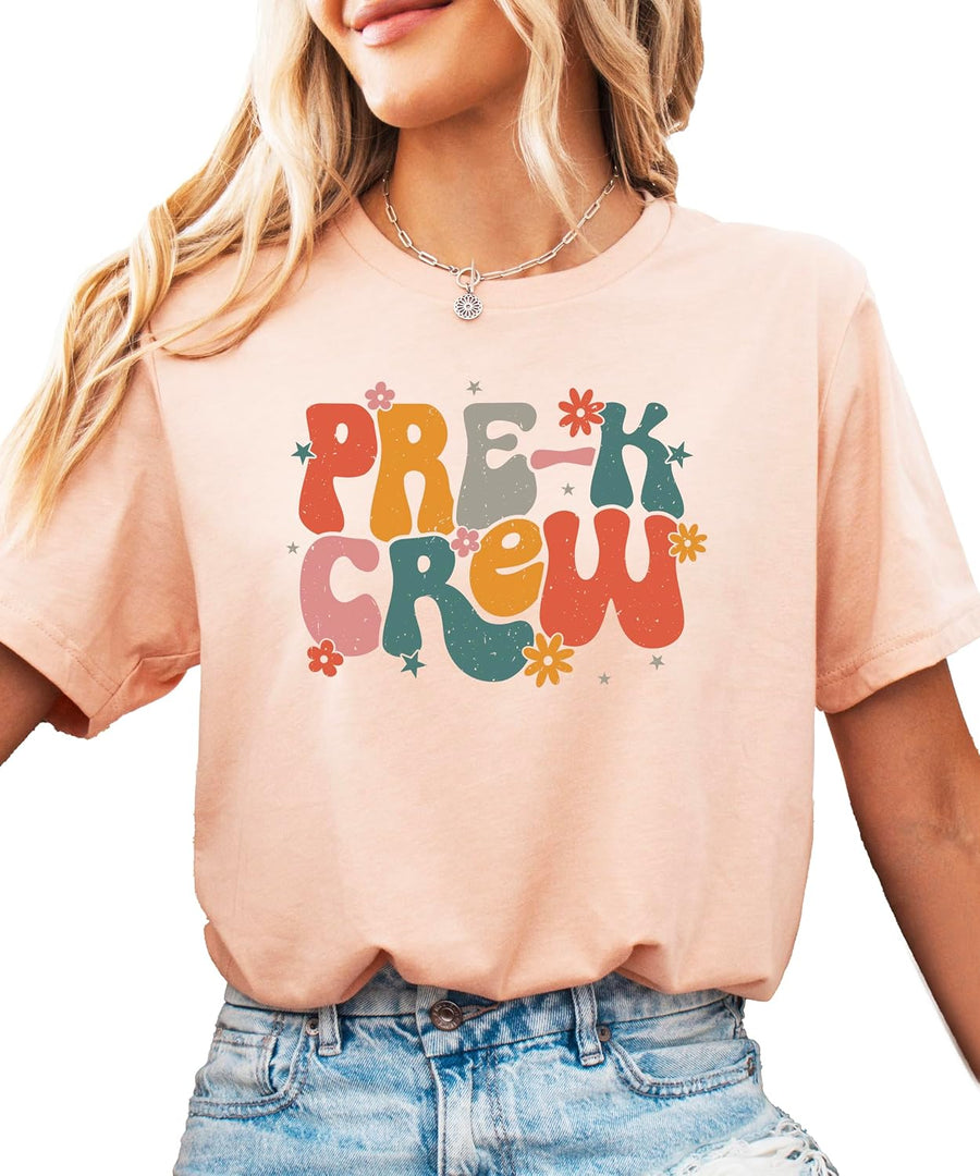 Pre-K Crew Shirt for Women and Girls Colorful Girly School Grade T-Shirt for Teachers and Kids - Adult Peach Shirt