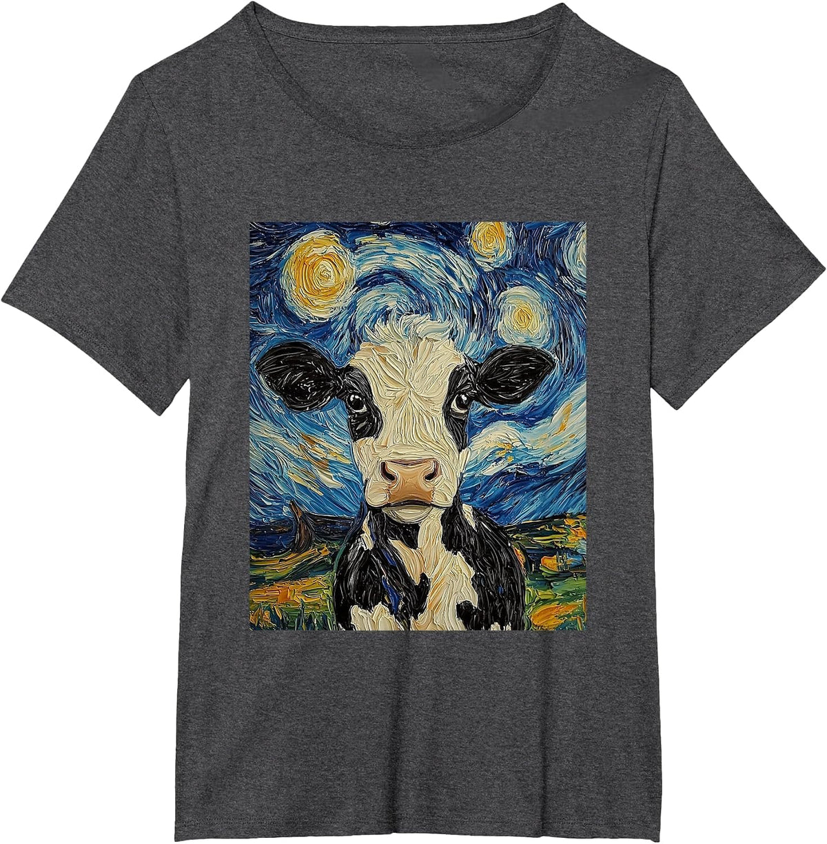 Cow Van Gogh Style Starry Night Funny Graphic T-Shirt - Dark Heather Grey