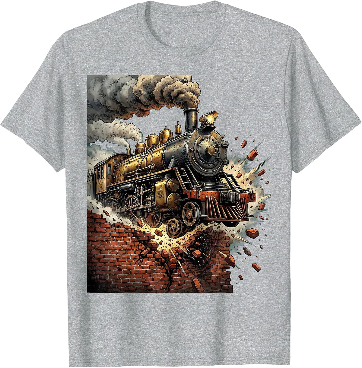 Men's Steampunk Locomotive Bursting Through Brick Wall T-Shirt - Heather Grey