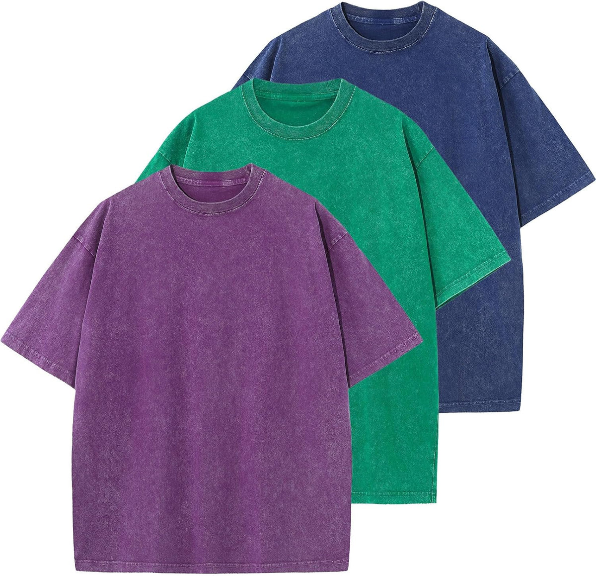Men's Cotton T-Shirts Oversized Unisex Short Sleeves Casual Loose Wash Solid Basic Tee Tops - Purple+green+blue