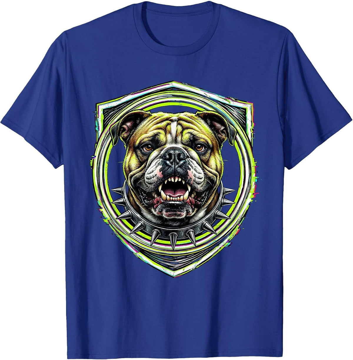 Punk Rock Snarling Bulldog Spiked Collar Graphic T-Shirt - Royal Blue