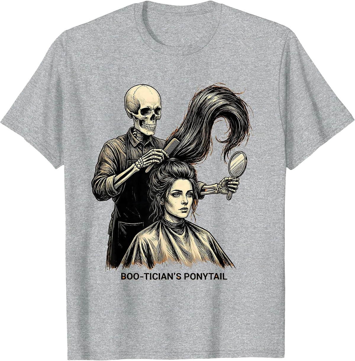 Men's Boo-tician's Ponytail Funny Skeleton Hairstylist Halloween T-Shirt - Heather Grey