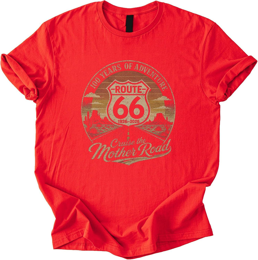 Route 66 100 Years of Adventure Centennial 1926-2026 Road Trip T Shirt Unisex T-Shirt - Red