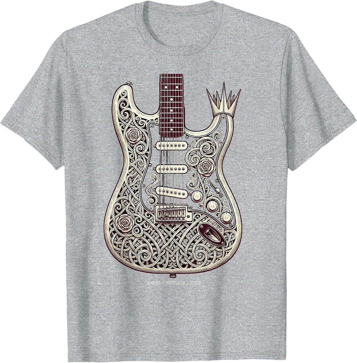 Men's Shred First Ask Later Heavy Metal Guitar Design T-Shirt - Heather Grey