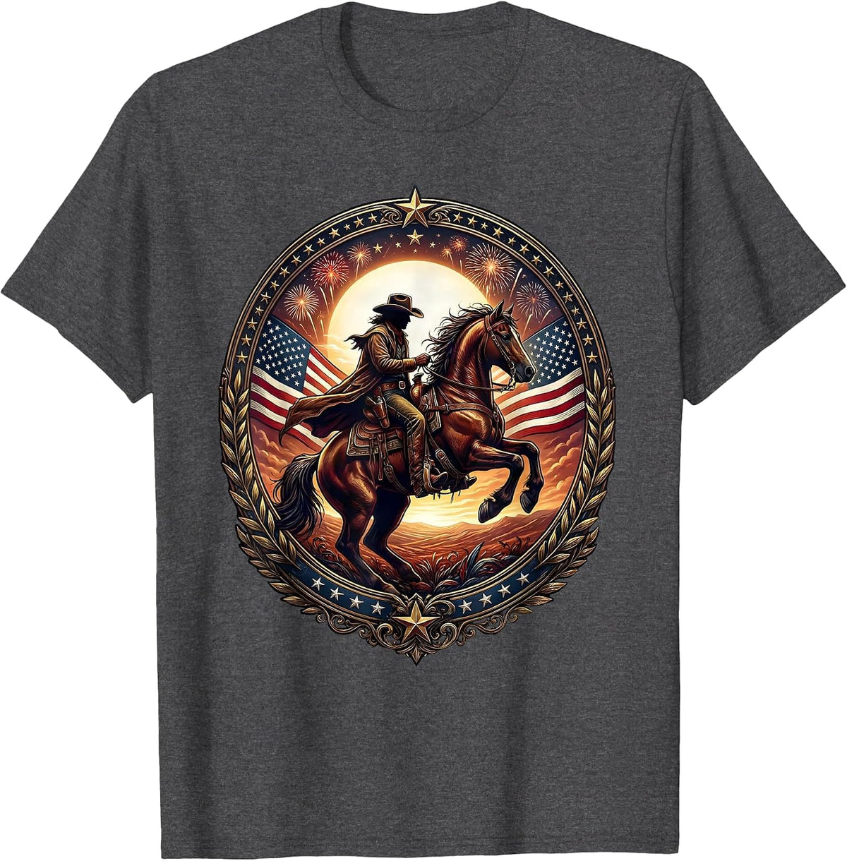 Lone Rider On Horseback At Dusk Freedom Design T-Shirt - Dark Heather Grey