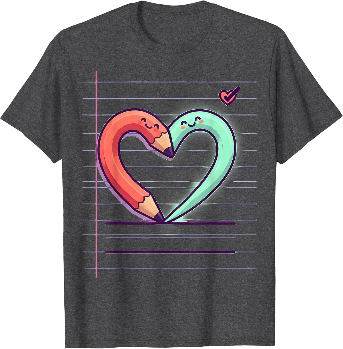 Cute Kawaii Pencil Heart Teacher Valentine Humor T-Shirt - Dark Heather Grey
