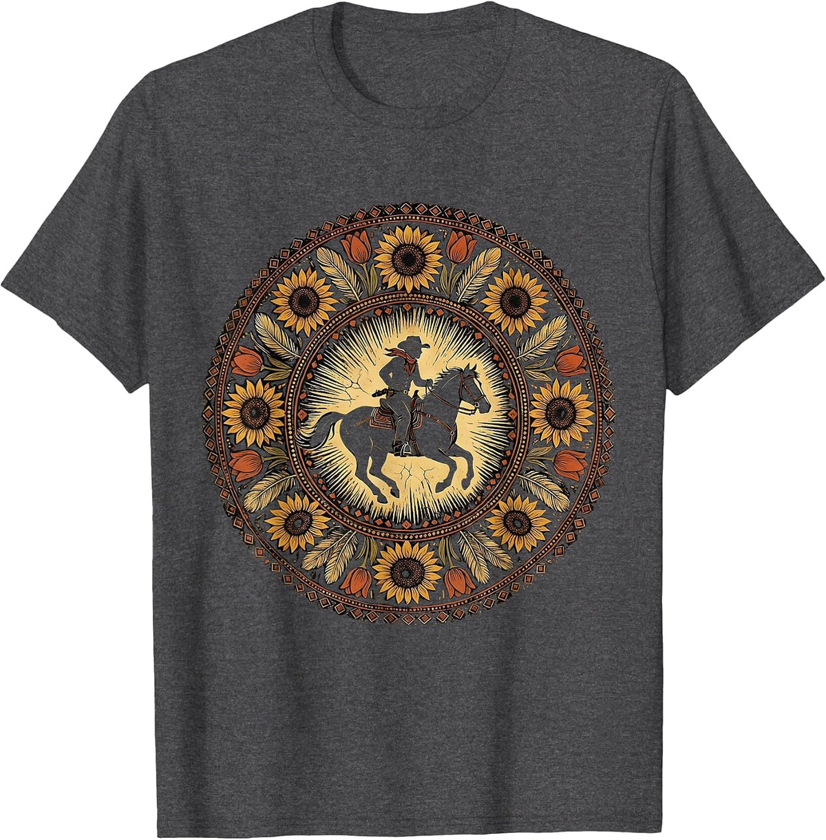 Cowgirl Silhouette Riding Horse at Dusk T-Shirt - Dark Heather Grey