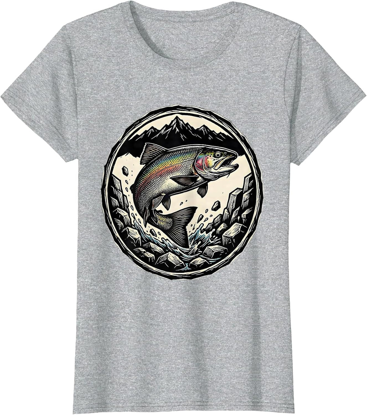 Trout Jumping Rocky Mountain Stream Fishing T-Shirt - Heather Grey