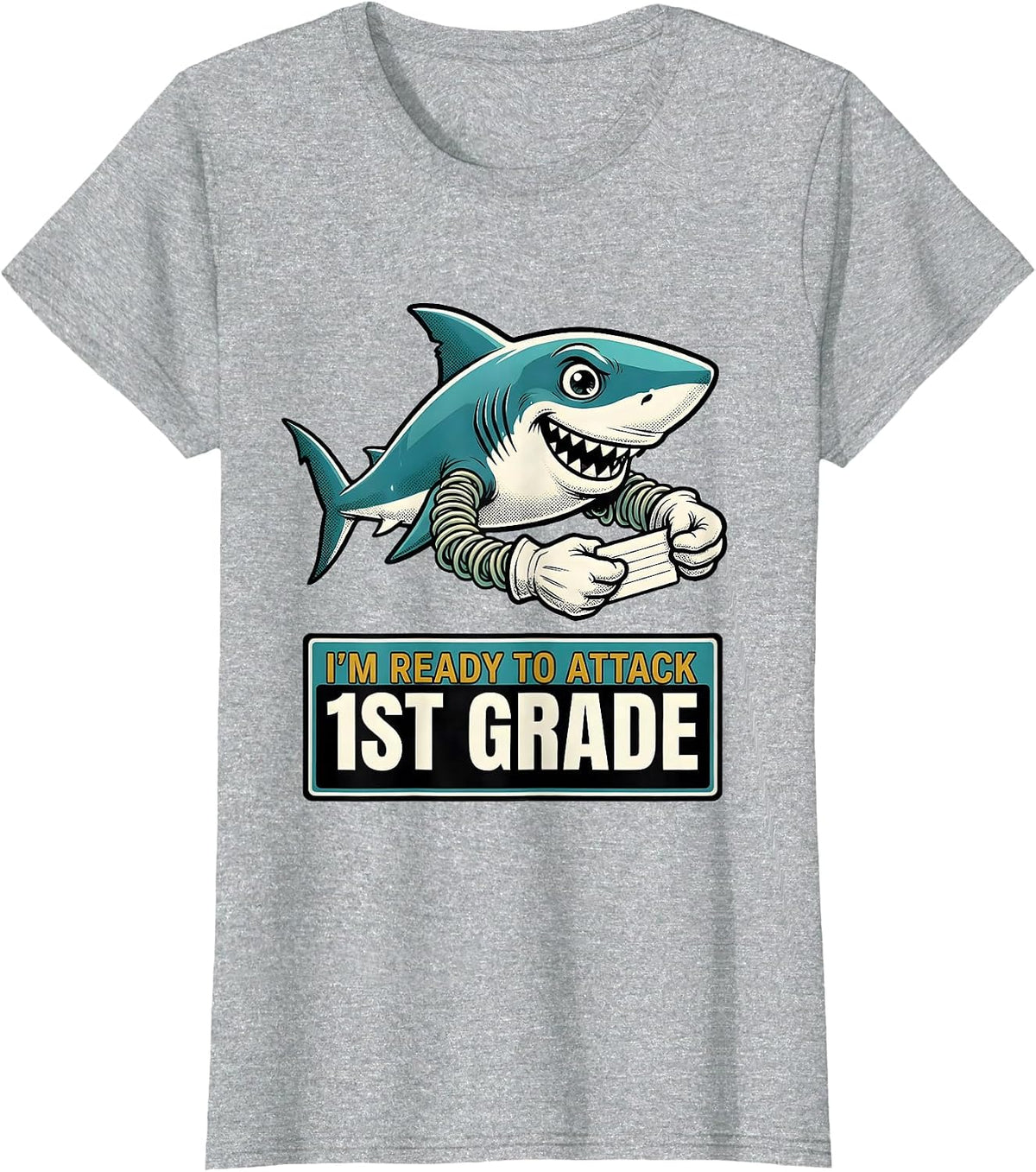 I'm Ready To Attack 1st Grade Retro Cartoon Shark First Day T-Shirt - Heather Grey