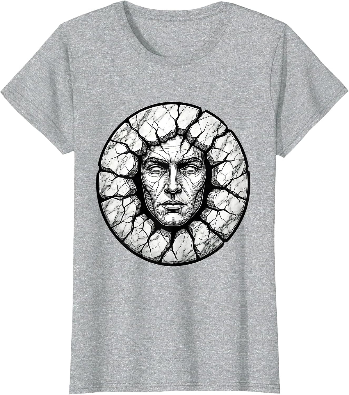 Women's Human Face Emerging From Cracked Marble Slab T-Shirt - Heather Grey