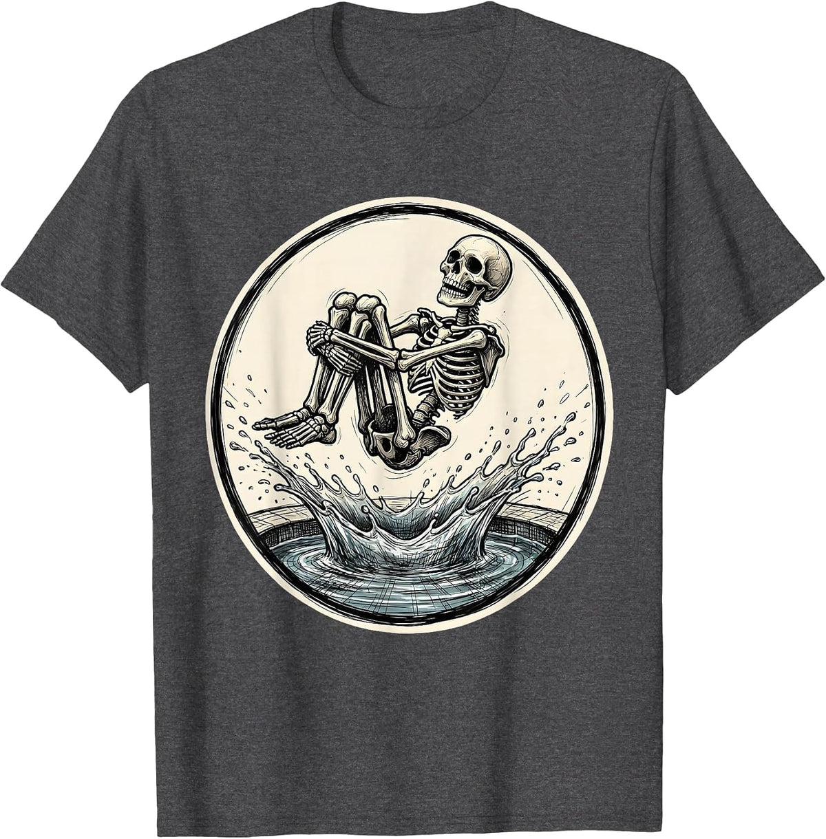 Skeleton Cannonball Swimming Pool Dive T-Shirt - Dark Heather Grey