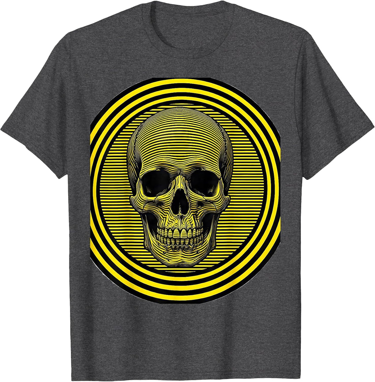 Black and Yellow Caution Skull Graphic T-Shirt - Dark Heather Grey